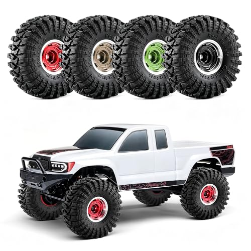 1.0" Beadlock Aluminum Wheels and 64mm Soft Rubber Tires | for SCX24, TRX4M, Ascent 18, FCX24, 1/18 1/24 RC Crawler, 7mm Hex, 0mm Offset, with Foam Inserts, (Green 356) - color: Green 356