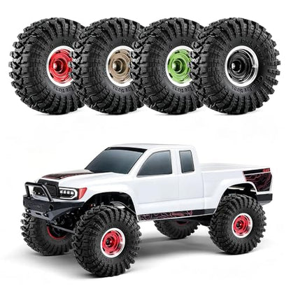 1.0" Beadlock Aluminum Wheels and 64mm Soft Rubber Tires | for SCX24, TRX4M, Ascent 18, FCX24, 1/18 1/24 RC Crawler, 7mm Hex, 0mm Offset, with Foam Inserts, (Green 356) - color: Green 356