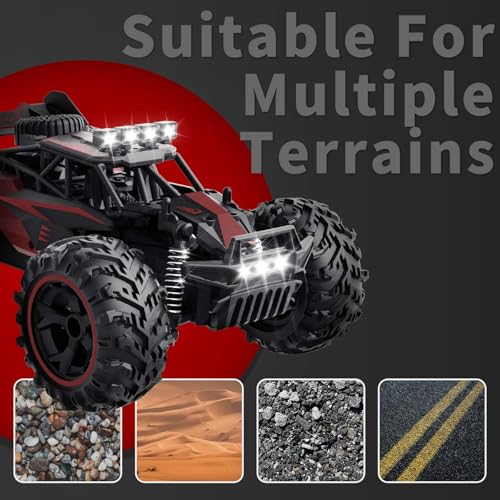 Carox Remote Control Car 2.4GHz 1:18 Off-Road Monster Truck | 25KM/H High Speed，Rechargeable design,LED Lights，Ideal Gift for kids 6+,Red - color: Red