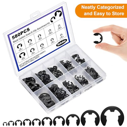 580PCS Black Carbon Steel E-Clip Kit,10 Sizes External Retaining Rings(M1.5-M10) for Bearings, Gears, Pulleys and Other Moving Parts