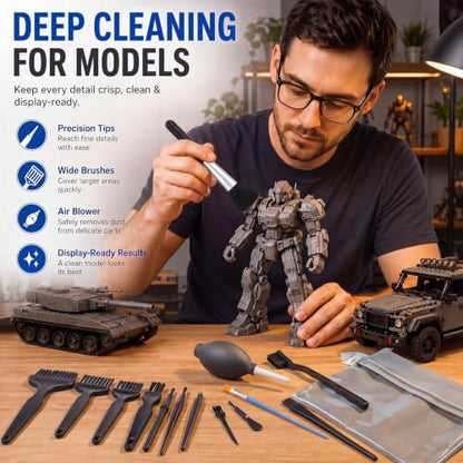15 Pcs Anti Static Model Cleaning Brush Kit Dusting Tool Set with Air Blower and Double Layer Storage Bag Precision Dusting Tools for Models Figures, Electronics and Museum Artifacts Craft