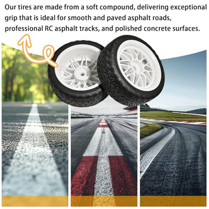 OD 2.65" On Road Rubber Tires Nylon Wheels- 12mm Hex for 1/10 RC Racing Car | Compatible with MJX HSP Tamiya HPI Kyosho Traxxas Sakura Redcat WLtoys 1/10 RC On-Road Racing Touring Car (4pcs, White) - style: D-White