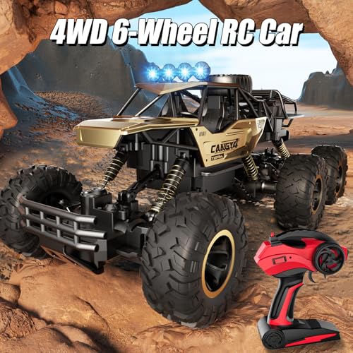 Remote Control Monster Truck, RC Cars Rock Crawler RC Truck with 2 Rechargeable Batteries, Metal Exterior & LED Lights, Large Boy Toys for Ages 4-7, 8-12 & Adults Great Gift - color: 6 Wheels Gold
