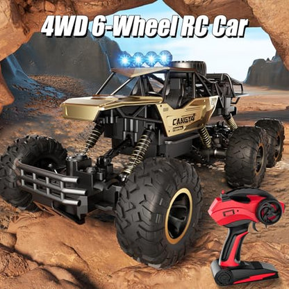 Remote Control Monster Truck, RC Cars Rock Crawler RC Truck with 2 Rechargeable Batteries, Metal Exterior & LED Lights, Large Boy Toys for Ages 4-7, 8-12 & Adults Great Gift - color: 6 Wheels Gold
