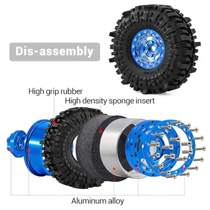 1.9" Alloy Wheels + Rubber Tires 4-Pack, Compatible with TRX4, SCX10, SCX10 III, 90046, D90 and Other Popular RC Crawler Models (blue) - color: blue
