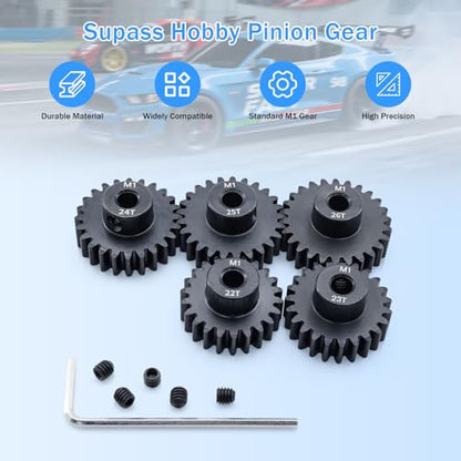 Metal Steel M1 Pinion Gear Sets 22T 23T 24T 25T 26T for 5mm Shaft Motor Gears with Hex Key for 1/8 RC Car Brushless Brush Motor Parts - size: 22T 23T 24T 25T 26T