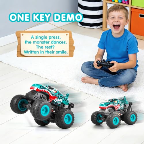 DYODYORC Remote Control Car, 2.4Ghz All Terrain Dinosaur Monster Truck Toys, RC Truck with Music, 3 Lighting Effects, 360 Stunt Capable, 2 Batteries Ready to Run, Toy Gifts for Boys and Girls (Cyan) - color: Cyan Dinosaur