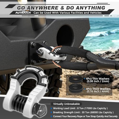 AUTMATCH D Ring Shackles 3/4" Mega Shackle (2 Pack) 68,000Ibs Break Strength - Heavy Duty Clevis Shackles with 7/8" Screw Pin and Isolator Washer for Tow Strap Winch Off Road Vehicle Recovery, White - color: White & Black