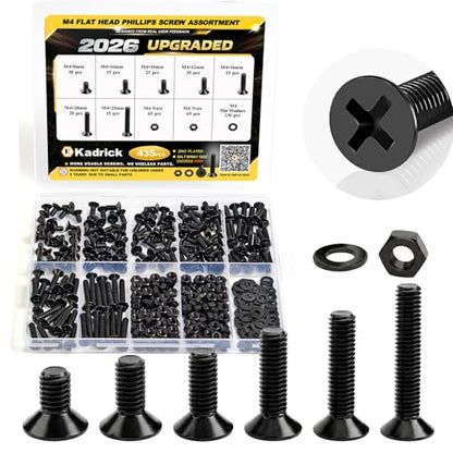 KADRICK 435Pcs M4 Countersunk Screw Kit,Flat Head Bolts 8MM-25MM | M4 Phillips Screws Assortment Kit,Screws With Nut Flat/Lock Washers,Black Zinc Plated - size: M4 435Pcs 8-25mm