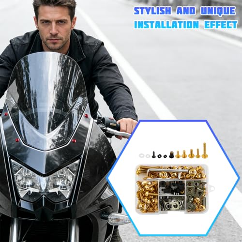 195PCS M5 M6 Motorcycle Fairing Bolt Kits, Stainless Steel Windshield Fairing Screws Fastener, Motorbike Windscreen Bolts Nut Clips Kit, Universal for Dirt Bike Scooters Motocross (Gold) - color: Gold