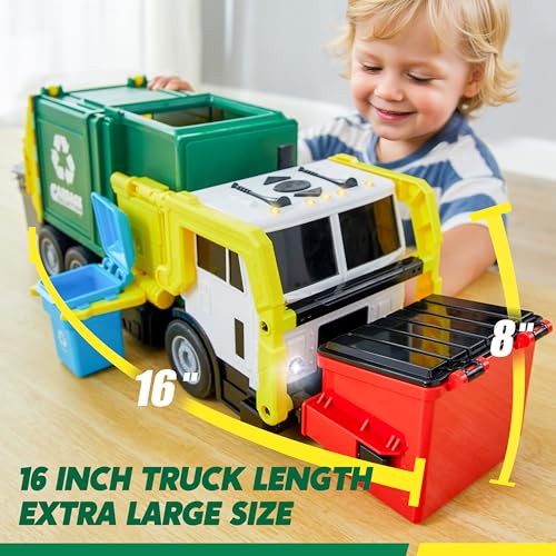 JOYIN Large Friction Powered Garbage Truck Toy Set, Includes 1 Dumpster, 3 Trash Bins, and 30 Learning Cards for Kids, Boy Toys Birthday Gift, Green - color: Green