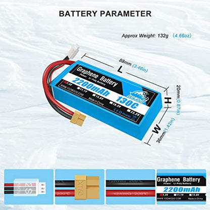 Yowoo 2 Pack 2200mAh 2S 7.4V 130C LiPo Battery XT60 | Fits 1/16 E-Revo VXL, Summit, Slash, Losi 1/14 Mini 8ight and other RC cars