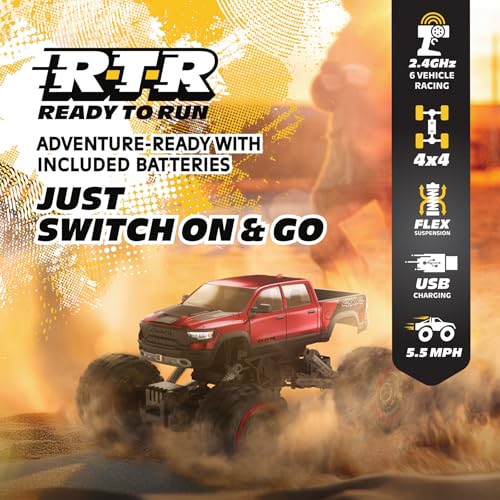 RC 4WD Heavy Metal RAM 1500 Pickup Truck – 1:14 Scale, Officially Licensed Stamped Metal Body, 4x4 All-Wheel Drive, 2.4GHz Full-Function Remote Control, Ready-to-Run, USB Charging, Red
