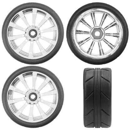 ShareGoo OD 2.55" Rubber Tires w/Plastic Wheel Rims 12mm Hex Compatible with HSP Tamiya Kyosho Traxxas Sakura WLtoys 1/10 RC On Road Racing Touring Car (Silver) - color: Silver