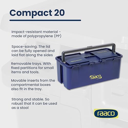 Raaco Tool Box with Removable Trays - 66 lb Load Capacity (Compact 20) | Durable Plastic Polypropylene (PP) Organizer with Handle, Stackable & Lockable, 66 lb Load Capacity (Compact 20) - style: Close