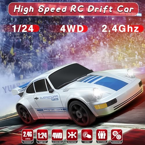 RC Drift Car, 2.4GHz Remote Control Car with LED Light, 1/24 4WD High Speed Drifting RC Cars with Two Rechargeable Batteries and Drift Tires, Toy Cars for Kids Adults, Silver - color: Silver