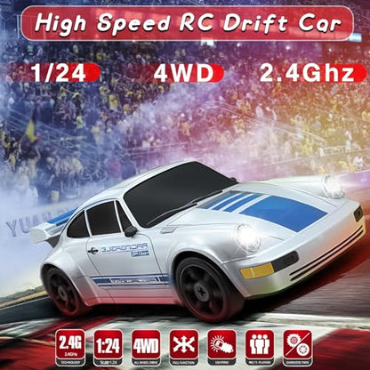 RC Drift Car, 2.4GHz Remote Control Car with LED Light, 1/24 4WD High Speed Drifting RC Cars with Two Rechargeable Batteries and Drift Tires, Toy Cars for Kids Adults, Silver - color: Silver