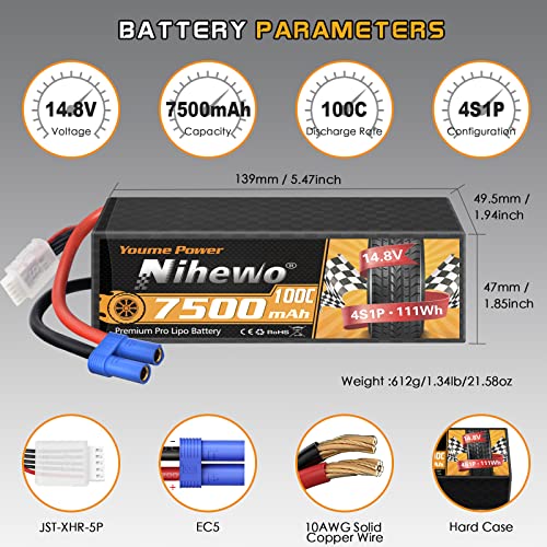 4S Lipo Battery EC5 14.8V 7500mAh Hardcase 2 Packs for RC Truck Boat | 4S 14.8V 7500mAh Hardcase Lipo Battery Pack 100C EC5 Connector for 1/5 1/6 1/7 RC Car Buggy Boat Airplane 2 packs included - style: 14.8V 7500mAh