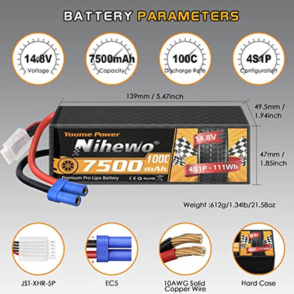 4S Lipo Battery EC5 14.8V 7500mAh Hardcase 2 Packs for RC Truck Boat | 4S 14.8V 7500mAh Hardcase Lipo Battery Pack 100C EC5 Connector for 1/5 1/6 1/7 RC Car Buggy Boat Airplane 2 packs included - style: 14.8V 7500mAh
