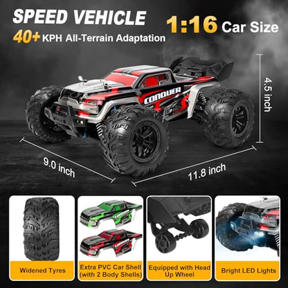 1:16 Scale All-Terrain RC Car for Adults - 40+KM/H High Speed 4WD Off-Road Remote Control Truck with 2 Rechargeable Batteries, 2.4GHz Electric Toy Vehicle Gift for Teens and 14+ (1:16 Scale)