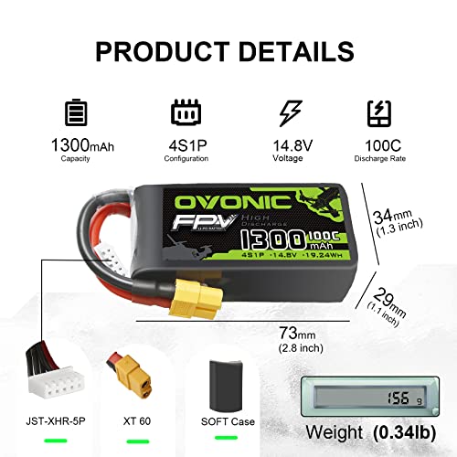 OVONIC 4s Lipo Battery 100C 1300mAh 14.8V Lipo Battery with XT60 Connector for RC FPV Racing Drone Quadcopter - size: 1pcs