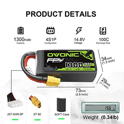 OVONIC 4s Lipo Battery 100C 1300mAh 14.8V Lipo Battery with XT60 Connector for RC FPV Racing Drone Quadcopter - size: 1pcs