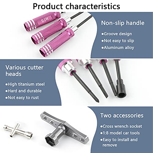 9-Piece Mini Screwdriver Set with Nut Drivers - 1.5mm, 2.0mm, 2.5mm Hex, 4mm, 5.5mm, 0+, 1-, Slotted, 17mm Wrench - Pink Handles - Compact Tool Kit for Electronics, Jewelry, Glasses Repair