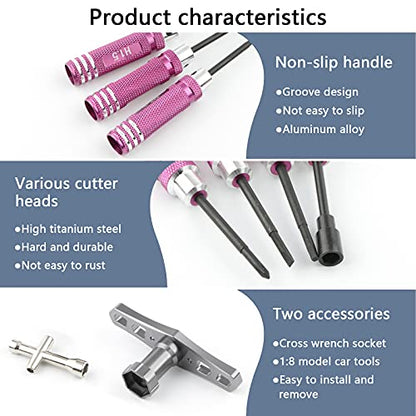 9-Piece Mini Screwdriver Set with Nut Drivers - 1.5mm, 2.0mm, 2.5mm Hex, 4mm, 5.5mm, 0+, 1-, Slotted, 17mm Wrench - Pink Handles - Compact Tool Kit for Electronics, Jewelry, Glasses Repair