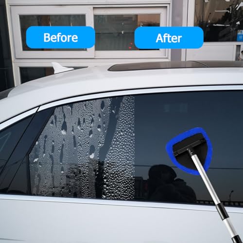 Car Windshield Cleaner Tool, Extendable Handle Pentagonal Vehicle Window Cleaning Kit with 4 Reusable Pads Spray Bottle, Auto Windscreen Detailing Cleaner, Universal Fit (Royal Blue) - size: Royal Blue
