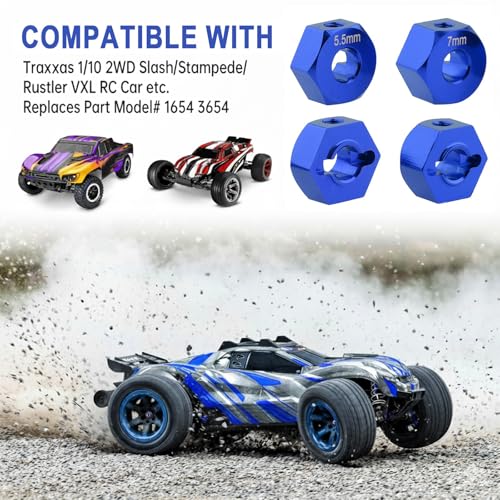 12mm Hex Wheel Hub Aluminum Adapter Set, 5.5/7 Thickness | CNC machined, anodized finish, compatible with Traxxas Slash 2WD, Rustler, Stampede VXL, replaces 1654 3654