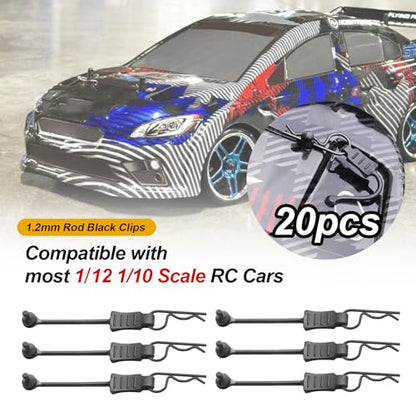 20pcs HobbyPark Universal RC Car Body Clips and Retainer for All 1/10 1/12 Scale Arrma Traxxas Axial SCX10 Losi Redcat HPI Exceed Scale Models Black Pins - size: 1.2mm Rod Black Clips
