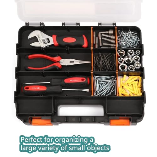 Small Parts Organizer with Removable Dividers, 34 Compartments Double-Sided Storage Box for Hardware, Screws, Nuts & Bolts, Nails, Craft Beads, Jewelry Making - Clear Stackable DIY Tool Organizer Case