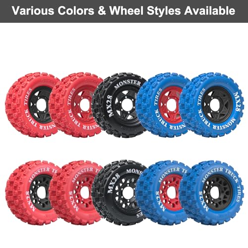 LRFHL MX28 F/R 2.8" RC Monster Truck Tires and Wheels 4PCS, Blue | 12mm/14mm Hex Adapter, 1/10 RC Monster Truck, Compatible with Traxxas Stampede Rustler Redcat Arrma Vorteks Big Rock Granite - color: Blue Tires+ Red Hex Wheel-4
