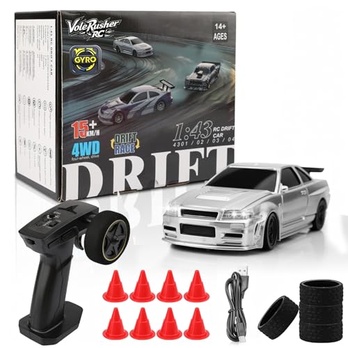 [2026 Upgrade 1/43 Mini RC Drift Car with Gyroscope, 4WD RTR | Gyro Mini Drift RC Car, 1/43 RC Drift Car Toys for Kids Ages 8-14, Birthday Gifts for Boys Girls, 2 Tire Sets, 8 Cones - color: Silver