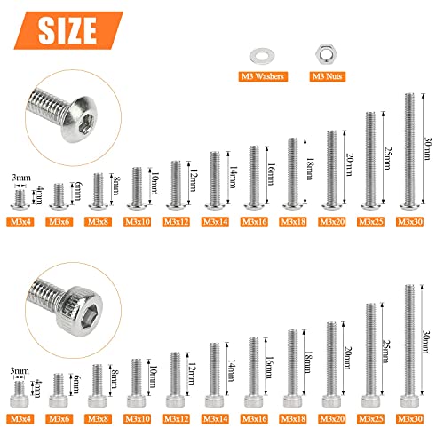 HELIFOUNER 920 Pieces 304 Stainless Steel M3 x 4mm /6mm /8mm /10mm /12mm /14mm /16mm /18mm /20mm /25mm / 30mm, Hex Socket Head and Button Head Metric Screws and Nuts Assortment Kit - size: M3 Screws Set