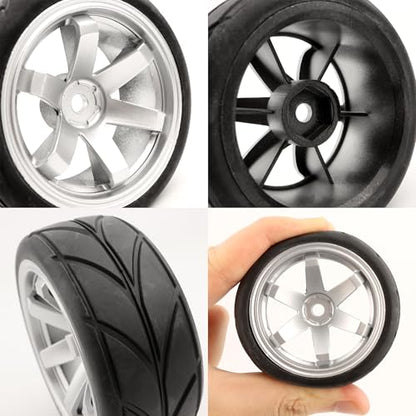 RC 1/10 Scale On Road Tires OD2.55 Rubber Wheel Rims 12mm Hex Compatible with Traxxas 4 Tec 2.0 Tamiya TT01 XV01 Kyosho WR8 Sakura WLtoys HPI Touring Racing Car(Silver) - color: Silver