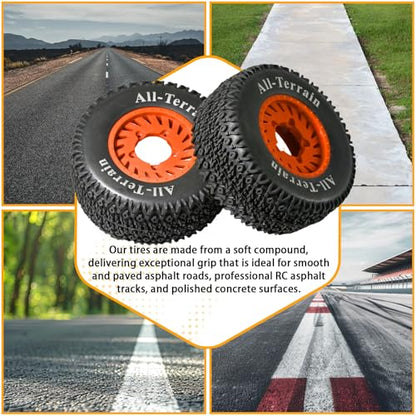 1/10 RC Short Course Truck Tire and Wheel- 12mm/17mm Hex, Orange | All-Terrain Tires and Nylon Wheels Compatible with 1/10 Traxxas Slash 4WD 2WD Arrma Senton Axial Losi Redcat RC Buggy, 4-Pack - color: Orange