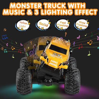DYODYORC Remote Control Car, 2.4Ghz All Terrain Monster Truck Toys, RC Truck with Music, 3 Lighting Effects, 360 Stunt Capable, 2 Batteries Ready to Run, Toy Gifts for Boys and Girls (Yellow) - color: Yellow Monster