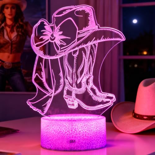 Cowgirl Gifts, Cowgirl Night Light, 3D Illusion Lamp with 16 Colors Changing, Timer, 4 Flash Modes and Dimmer with Remote Control, Western Room Decor for Holiday Birthday Christmas - color: Color 11