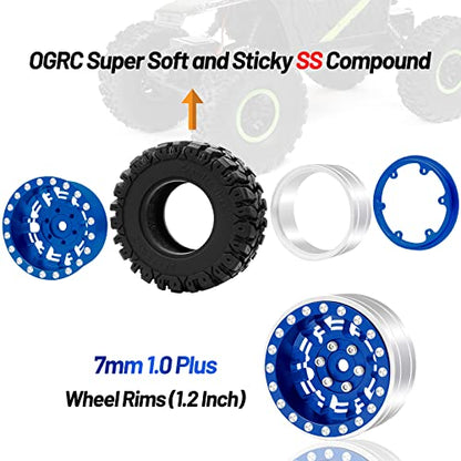 OGRC 1.0 Plus (1.2 Inches) Beadlock Wheels 7mm Negative Offset Wheel Rims SS Super Soft Sticky Tires for TRX4M SCX24 FCX24 AX24 1/24 1/18 RC Crawler Car - 62 * 24mm (Blue) - color: Blue