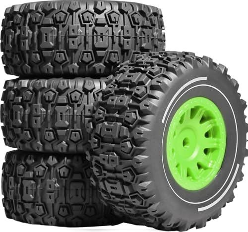 Pre-glued 64mm Wheels &Tires with 12mm Hex for 1/14 Truck, Green | Rubber Tire and Nylon Rim for ARRMA Mojave GROM, HPI, Traxxas Slash, Tamiya, Toyota, WLtoy 1/14 1/16 1/18 RC On/Off-Road Car - color: Green