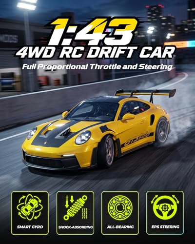 ARRIS 1/43 911 RC Drift Car 4WD with Gyro Full Proportional RTR | Alloy Body, 20KM/H Speed, Extra Drift Tires, Silent Bearings, LED Lighting - color: Yellow-911