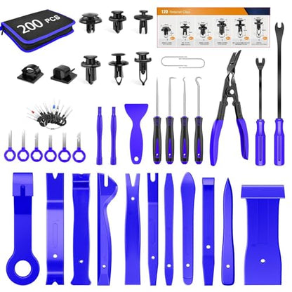 GOOACC 200Pcs Auto Trim Removal Tool and Push Pin Retainer Clip Set | Fastener Terminal Remover Adhesive Cable Clips Round Handle Crowbar Kit Car Panel Radio Auto Clip Pliers - color: 200Pcs Clips Removal Kit Blue