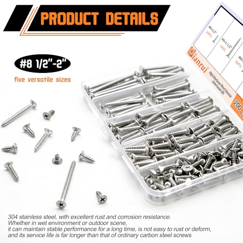 Dianrui 200 PCS 304 Stainless Steel Screws, #8 Wood Screws Assortment Kit, Phillips Drive Sheet Metal Screw Set Marine Grade Length 1/2" to 2" - size: 200PCS-SV