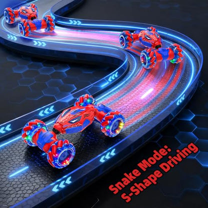 Unique 4WD 360° Rotating Gesture Sensing RC Stunt Car, Double‑Sided Driving RC Drift Car with Lights, Music & Spray, Kids Outdoor Cars Toys for Ages 6-12, Gifts for Boys 6-12,2 Replaceable Batteries - color: Red-spider