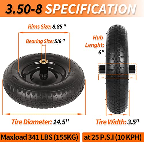 14.5" Wheelbarrow Tire, 3.50-8” Pneumatic Tire, Universal Wheelbarrow Wheel for 4.80/4.00-8”, 4.00-6”, and 2.50-8”, with 6" Centered Hub, 5/8" Axle Bore Hole, Sealed Bearings - size: 14.5" Pneumatic Tire ( 1 PACK )