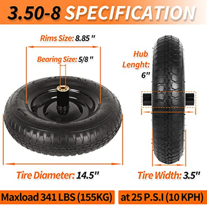 14.5" Wheelbarrow Tire, 3.50-8” Pneumatic Tire, Universal Wheelbarrow Wheel for 4.80/4.00-8”, 4.00-6”, and 2.50-8”, with 6" Centered Hub, 5/8" Axle Bore Hole, Sealed Bearings - size: 14.5" Pneumatic Tire ( 1 PACK )