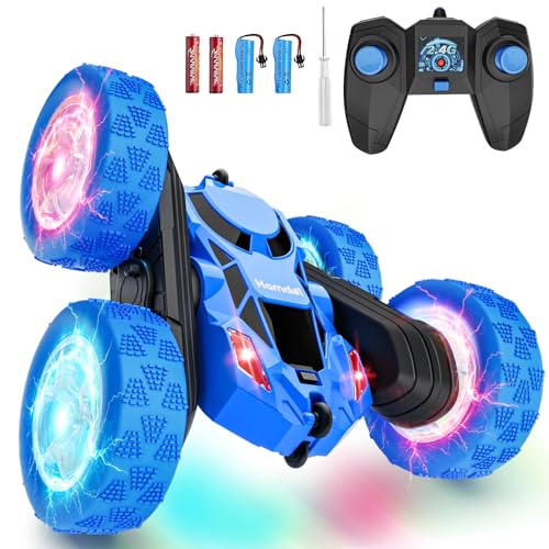 Hamdol STEM Remote Control Car for Kids Ages 6-12, 4WD RC Stunt Car with LED Wheel Lights & 360° Flips, 2.4GHz Fast Electric Toy for Boys 8-10, Educational Gift for Birthday or Valentines - color: Blue, size: Glow (Headlights & Wheel Lights)