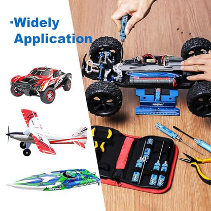 RC Car Tool Kit - Screwdriver Set (Flat/Phillips/Hex/Nut), Screws Kit, Pliers, Wrench, Repair Tools for 1/8 1/10 RC Cars, Compatible with Traxxas Arrma Axial Redcat