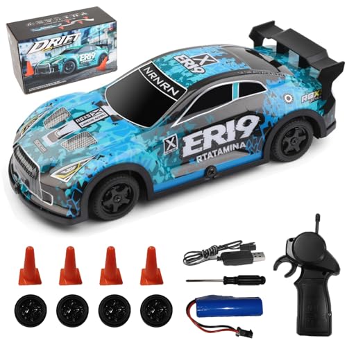 WLtoys 1:22 Scale RC Drift Car, 2.4GHz 4-Wheel Drive Rechargeable Electric Vehicle with LED Lights, Racing Tires, Racing Car Toy for Adults Teens (Blue) - color: Blue
